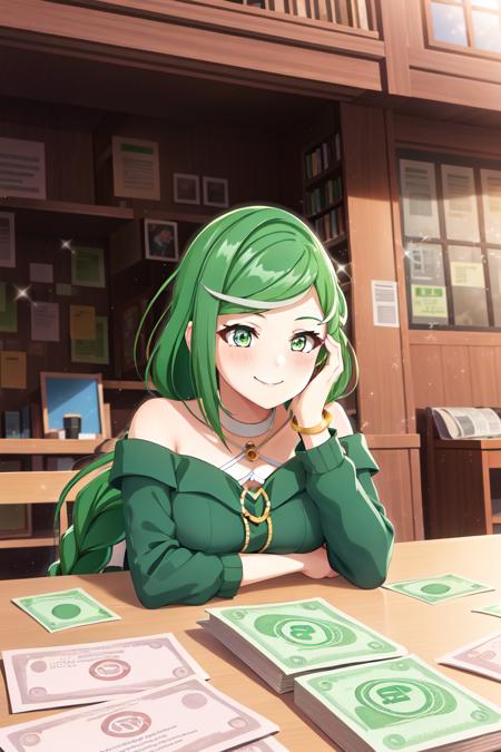 sbertyan, 1girl, solo, green hair, green eyes, smile, long hair, braid, hair ornament, blush, dress, jewelry <lora:sbertyan:0.55>
money, a lot of money, heaps of dollars, lies on a huge pile of money, (intricate details:0.9), (hdr, hyperdetailed:1.2)