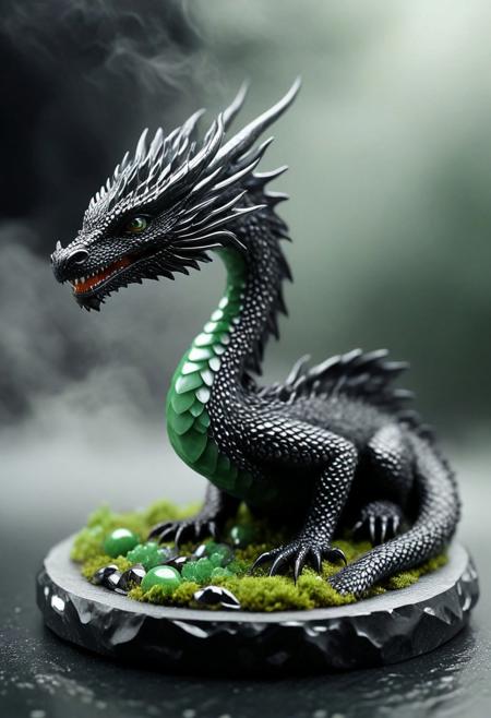 Tilt shift photography style, Diorama page, quarter view, A dragon sits with the hardness of obsidian and the luster of jade, All body is glossy black or gray, jade eyes and scales, reflections of light,( thick fog:1.4), minimalist,