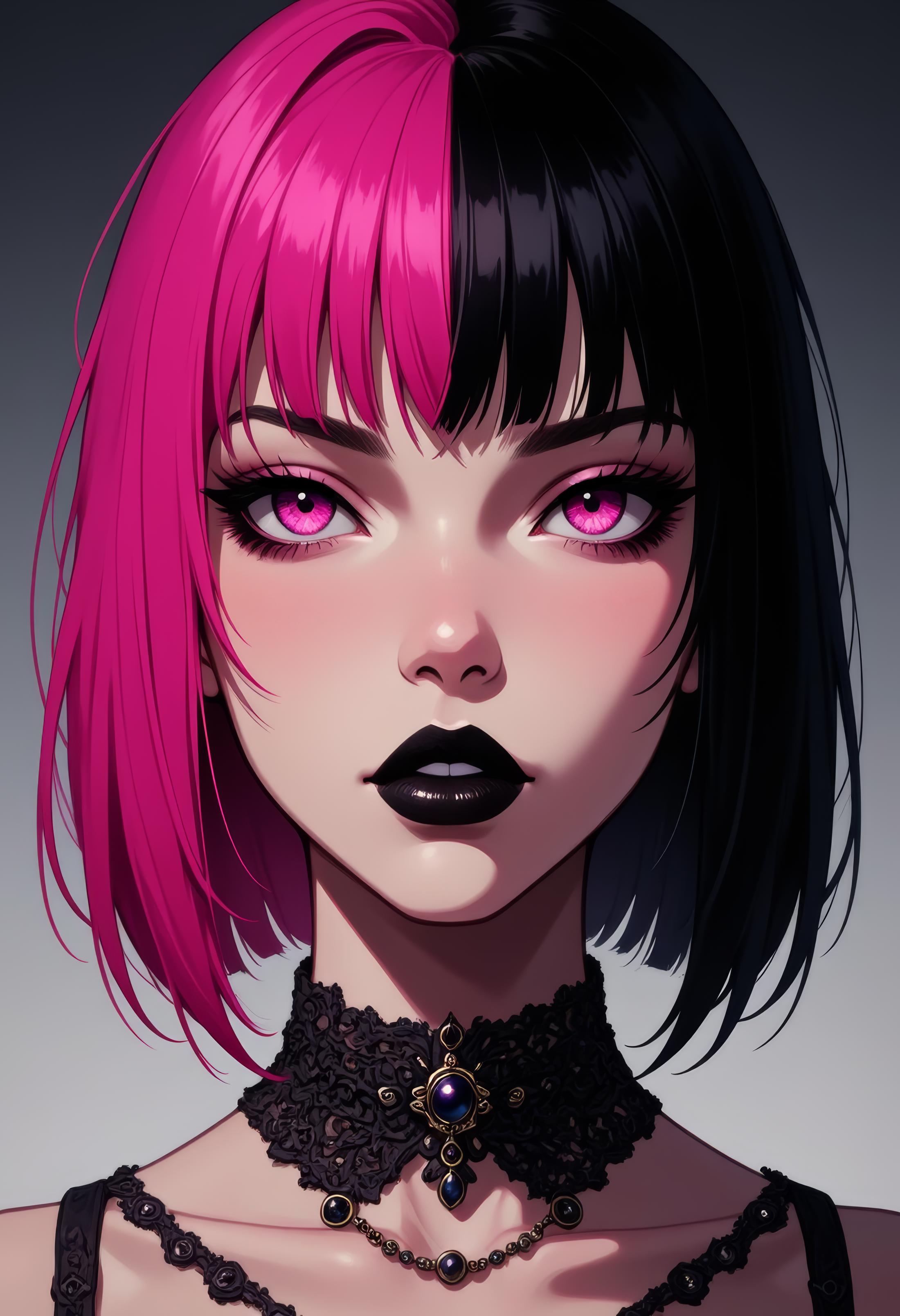 beautiful gothic girl with pink and black hair and black lipstick