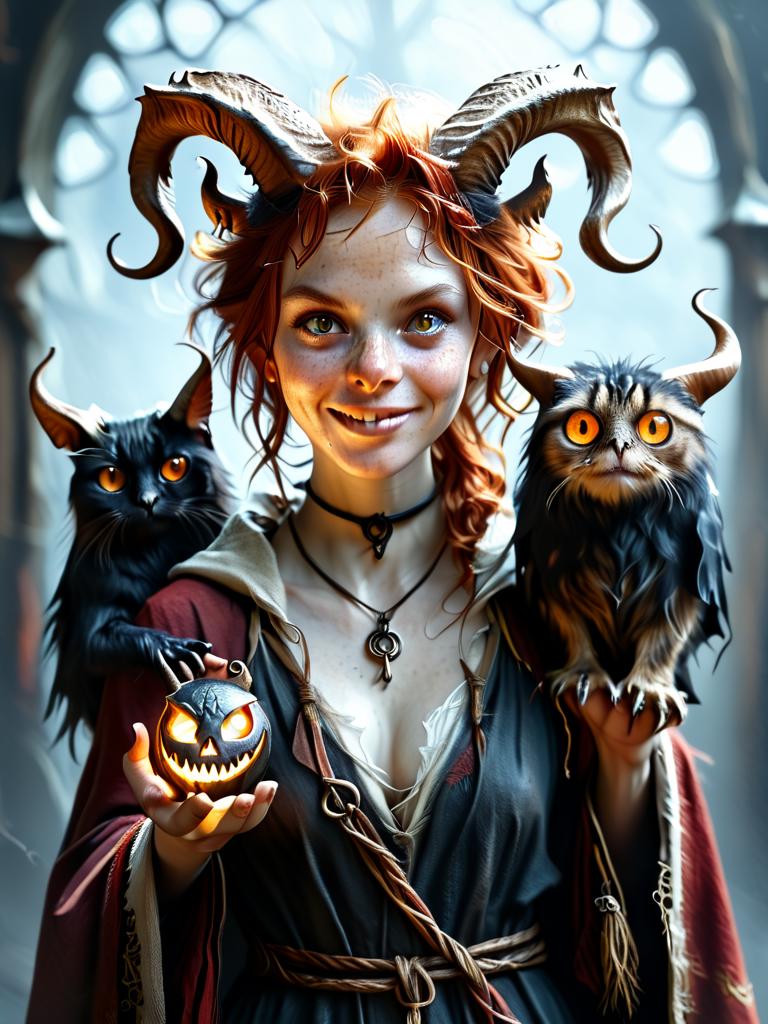 score_9, score_8_up, score_7_up, source_photo, (realistic:1.4), photorealistic, fantasy, medieval, 1girl, solo, wizard, ginger hair, short hair, straight hair, evil smile, black and red sigils, robe with sigils, runes, glowing eyes, tiefling, horns, with her pet monsters all around her, <lora:FantasyTiefling:1>, <lora:woman_and_her_monster:1.4>