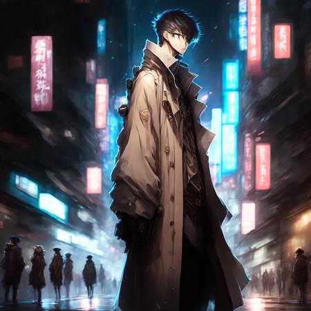 anime, Cyber Hacker Man standing, wearing Trenchcoat in the Streets of Hong Kong (CyberHacker style:1)  <lora:djzCyberHacker:0.8>