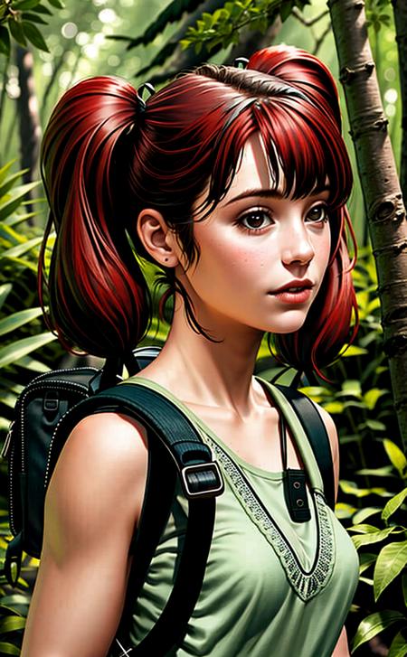 1girl, female child, short twintails, twintails, swept bangs, backpack, forest, red hair, walking, realistic, (photorealistic:1.1), (lineart:0.8), (black outline:0.4), (thick outlines:0.5)