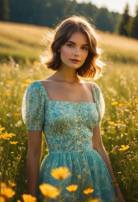 poster image, half body, 1girl,  1960's style, Mod Fashion Icon, Shadow art, atmosphere of neon lights, romance, fairytale, bathed in the soft, warm glow of natural light, She stands among a meadow of wildflowers, with sunlight streaming through, high ISO and long shutter speed, Add subtle imperfections from jpg compression artifacts, nostalgic vibe, bokeh effects, 4K resolution