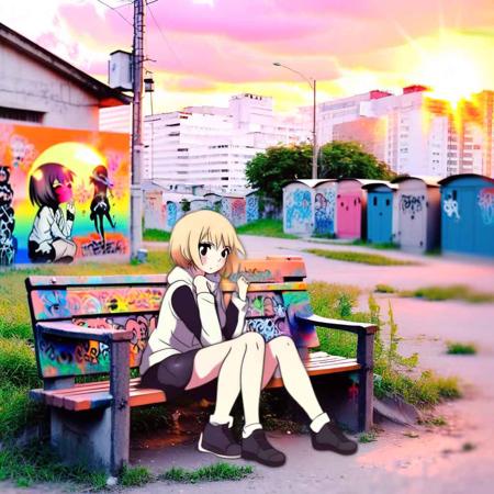 anime girl women small bulding buildings small building with street art