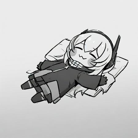 1girl,m4 sopmod ii jr,girls' frontline,black jacket,blush stickers,chibi,full body,greyscale,headgear,monochrome,multicolored hair,sleeping, lying, closed_eyes, open_mouth, on bed, bed, solo, white background,
masterpiece,best quality