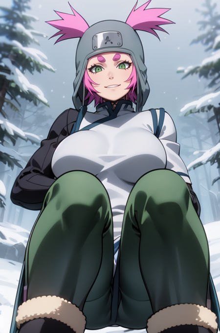 Kakuyoku Fubuki, spiky hair, short hair, short twintails, pink hair, green eyes, short eyebrows, pink eyebrows, hikimayu, beige leg warmers, forehead protector, grey hat, white fingerless gloves, grey cheongsam, bluish green pants, large breasts, snow, winter forest background, looking at viewer, (squating:1.2), sitting, (looking down:1.2), look at the  viewer, (from below:1.3)