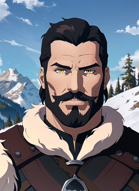 witcher, masterpiece, best quality, solo, 1boy, facial hair, beard, male focus, outdoors, mountain, short hair, black hair, yellow eyes, tree, upper body, sky, day, fur trim, mature male, looking at viewer, mustache,