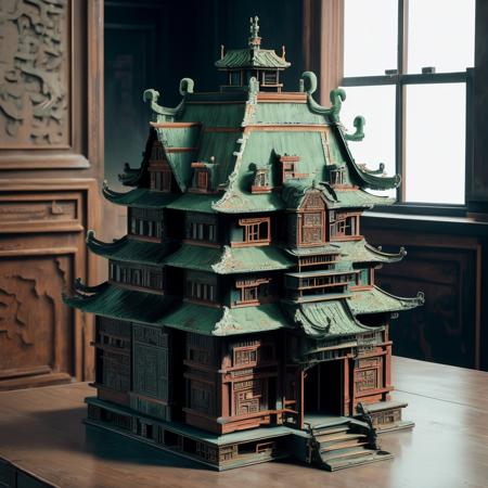 a (bronzecd) chinese building, building model, (solo:1.2), <lora:bronzecd-000009:0.8>, no humans, high quality, masterpiece, realistic, photorealistic, (indoors, on table:1.2)