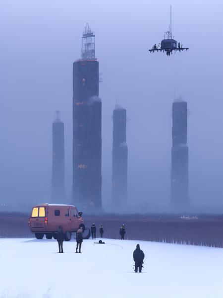 <lora:21Stalenhag:1>a couple of people standing on top of a snow covered field by Simon Stalenhag