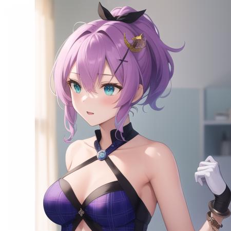 (masterpiece, best quality:1.2),illustration,8k,hd,upper body,(portrait:1.2),1girl,solo,purple_hair,hair_ornament,ponytail,hair_ribbon,bangs,green_eyes,mini_crown,hair_between_eyes,blue_eyes,gloves,plaid_skirt,single_glove,white_gloves,jewelry,medium_breasts,bracelet,white_camisole,cross_hair_ornament,purple_skirt,<lora:Javelin:0.8>,