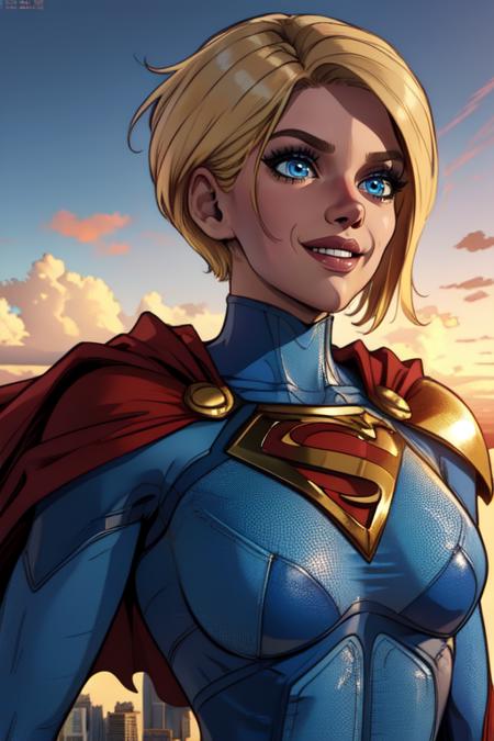 kara, short blonde hair, blue eyes, blue body suit, S (symbol\), 
red cape, red gloves, standing, upper body, smile, solo, morning, metropolis city, cloudy sky,
 (insanely detailed, beautiful detailed face, masterpiece, best quality), 
 <lora:supergirl128:0.8>