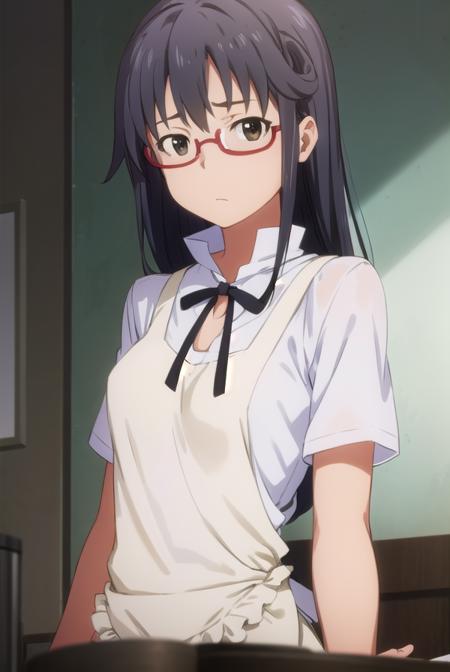 mayamatsumoto, <lora:maya matsumoto s2-lora-nochekaiser:1>,
maya matsumoto, long hair, black hair, (brown eyes:1.3), glasses, apron, semi-rimless eyewear, red-framed eyewear, under-rim eyewear,
BREAK apron, waitress,
BREAK indoors, restaurant,
BREAK looking at viewer, (cowboy shot:1.5),
BREAK <lyco:GoodHands-beta2:1>, (masterpiece:1.2), best quality, high resolution, unity 8k wallpaper, (illustration:0.8), (beautiful detailed eyes:1.6), extremely detailed face, perfect lighting, extremely detailed CG, (perfect hands, perfect anatomy),