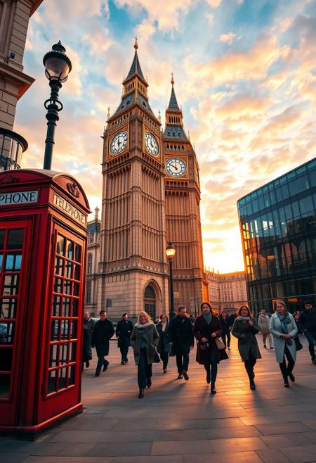 This is a vibrant photograph capturing a bustling street scene in London, England, during sunset. The focal point is the iconic red telephone booth on the left side of the image, its bright red color contrasting sharply with the beige and cream-colored stone buildings in the background. The telephone booth is positioned slightly to the left, with a traditional black lamppost next to it. 
Dominating the background is the towering Big Ben clock tower, bathed in warm, golden hues from the setting sun, which casts a soft glow on the building's intricate Gothic architecture. The clock face is visible, showing the time as 4:00. To the right of Big Ben, a modern glass and steel building is visible, contrasting with the historical structures.
The street is paved with large, rectangular stone tiles, reflecting the light from the streetlamps and the setting sun. Several pedestrians, dressed in winter coats and scarves, walk along the street, some heading towards the camera, while others are walking away. The sky above is a mix of soft orange, pink, and blue, with scattered clouds. The overall atmosphere is vibrant, historic, and bustling, capturing the essence of London's iconic architecture and daily life.