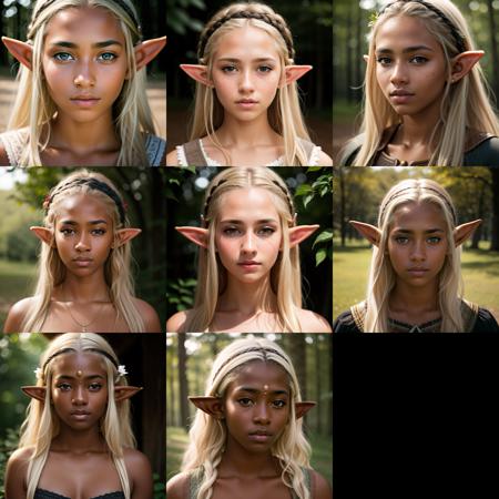 RAW photo, absurdres, high quality, photorealistic,
portrait of a young elf woman, looking at viewer, (dark_skin:1.2), (detailed_skin,:0.5), (freckles:0.5), blond hair,
photo realism, ultra-detailed, 50mm, f1. 4, 8k uhd, film grain