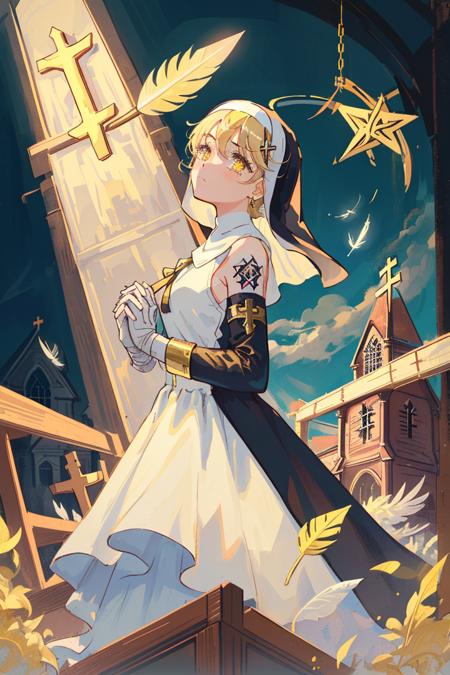 ((masterpiece)), (((best quality))),((ultra-detailed)), ((illustration)),((disheveled hair)),(((Centralization))),(church:1.61051), gloves, (detached sleeves:1.1), bare shoulders, (bracelet:1.1), bandages, armlet, (angel wings:1.1), greaves, bandaged leg, chains, tattoo, (shoujo kitou-chuu:1.331), (blonde hair:1.21), (hair strand:1.1), (jewelry:1.1), (halo:1.21), (feather hair ornament:1.21), straight-on, (1girl:1.661), (nun:1.21),earrings, medium breasts, neck ribbon, tears, (backlighting:1.21), (absurdres:1.331), (pentagram:1.1), (wide shot:1.21), (symmetry:1.21), (own hands together:1.331),(head down),((yellow eyes)),((from below))