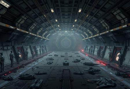Create an animated image of an abandoned space station inspired by the Star Wars universe. The station should appear heavily damaged, with rows of old robots lining the walls and numerous small ships left in disarray. The atmosphere must convey a strong sense of abandonment and desolation, featuring dim lighting and shadows that enhance the eerie mood. Include details like rust and signs of wear to emphasize the age and neglect of the station.