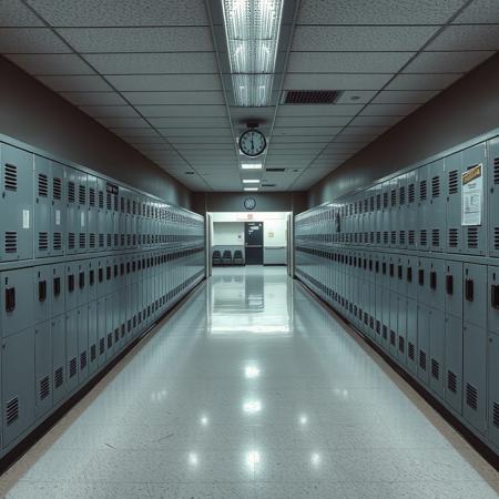A liminal space inside an empty high school, where the air is thick with an eerie stillness. The fluorescent lights buzz faintly, casting a cold, artificial glow onto the polished linoleum floors. Rows of gray metal lockers stretch endlessly down the hallway, their doors covered in faint scratches and the remnants of long-faded stickers. The smell of old textbooks, industrial cleaning supplies, and distant rain lingers in the air.
The classroom doors are shut, their small windows revealing nothing but darkness. A lonely bulletin board by the principal’s office displays outdated announcements, faded student council posters, and a forgotten flyer for a dance that happened long ago. The cafeteria, visible through an open doorway, is empty—rows of plastic chairs neatly stacked, the serving area abandoned, the faint scent of reheated food still clinging to the air.
A single clock above the lockers ticks softly, though the time no longer seems to matter. Somewhere in the distance, the sound of a dripping faucet echoes through the silence. The school is frozen in time, suspended in an endless after-hours void—familiar, yet unsettling. You’ve been here before, or maybe only in a dream. Either way, you know one thing for sure: you’re alone here.