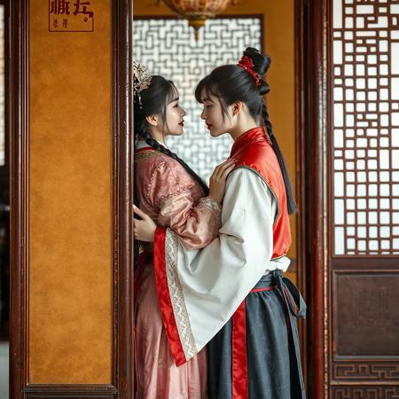 two beautiful medieval Chinese females, 18yo, one dressed as a princess, the other cross-dressed as a peasant boy, standing behind a screen, one behind the other, hugging, head turned to kiss, room off the imperial throne room, ornate
