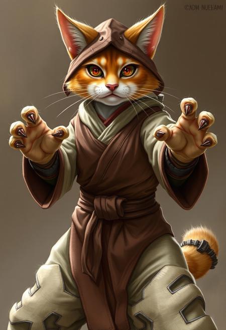 (((detailed, beautiful, high quality))), female humanoid cat, furry, anthropomorphic, monk clothes, big breasts, fighting posture, claws out, five fingers, two hands