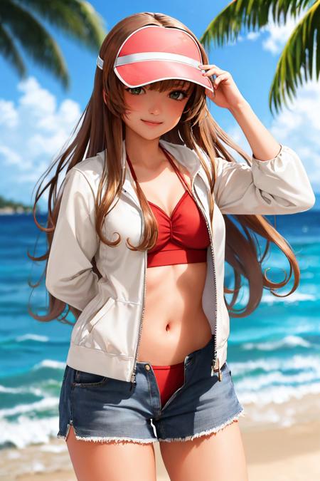 kchelena military, neck ribbon, long sleeves, black skirt, thighhighs visor cap, white jacket, bikini under clothes, red bikini, shorts, open fly