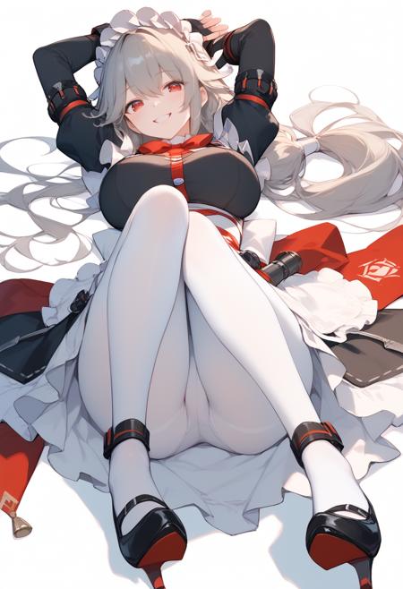 Zero_AS Zero_AS,long hair,maid headdress,red eyes,grey hair,bangs,partially fingerless gloves,maid uniform,maid,low ponytail,