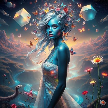 Photrealistic image of a stunning woman with iridescent skin that shifts colors from deep blue to shimmering silver, standing in a dreamlike environment. Her hair is an intricate tapestry of flowing vines and flowers, intertwining with luminous butterflies that flutter around her.
The background features a bizarre landscape with gravity-defying hills and swirling rivers of liquid light. Giant, floating geometric shapes hover in the sky, casting colorful shadows on the ground. 
The woman wears an avant-garde dress made of translucent fabric that appears to be woven from starlight, changing form with each movement. Her eyes are multifaceted, resembling prisms, reflecting the surreal colors around her. 
Strange, whimsical creatures with elongated limbs and radiant patterns explore the landscape, while abstract, pulsating plants emit soft glows. The scene evokes a sense of wonder and enchantment, blurring the lines between reality and fantasy.