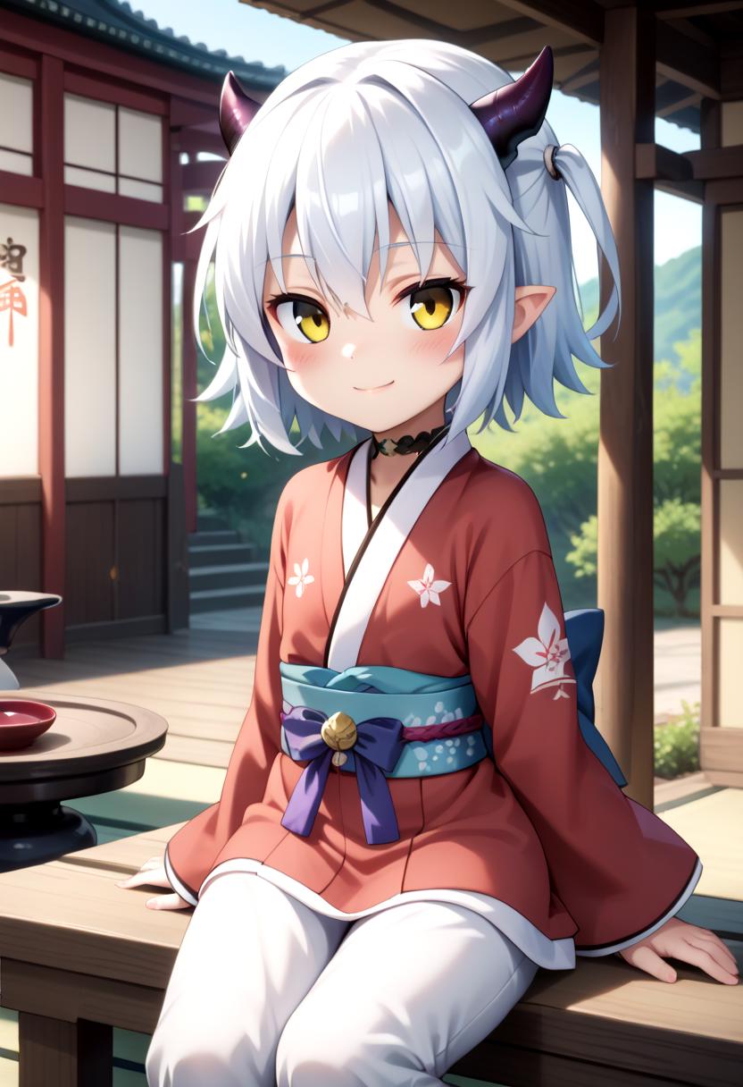 score_9, score_8_up, score_7_up,, BREAK ,   shrine, inside,  looking at viewer,  vivid colors, masterpiece, high quality, very_high_resolution, large_filesize, full color, detailed face, blush, solo, happy,  pants,, pose, closed mouth,arms on her side,
 <lora:Shiroyasha:0.7> SHIROYASHA, HORNS, kimono, choker