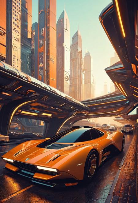((70's retrofutursim with Syd Mead art style)), psychedelic world 70's collide with a futuristic vision. a fusion of Vasarely art, Bertone concept vehicles, and sleek architecture, iconic art style of Syd Mead.  blend of retro aesthetics and futuristic utopia, monocoque monorail, a unique realm that is both nostalgic and visionary, futuristic flying car, Blade Runner spinner