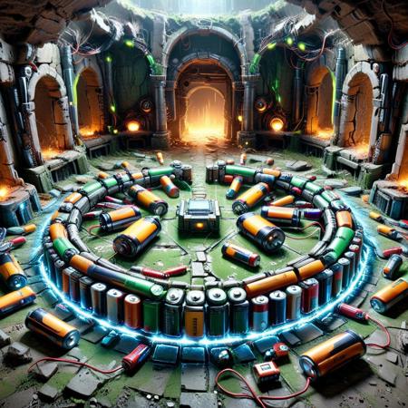 a forgotten coliseum where robots duel for stored charge, arena floor paved with spent batteries, neon signage blinking in forgotten scripts, crowds of broken units watching silently, electric vines growing from the walls, B4TT3R13S, made of batteries