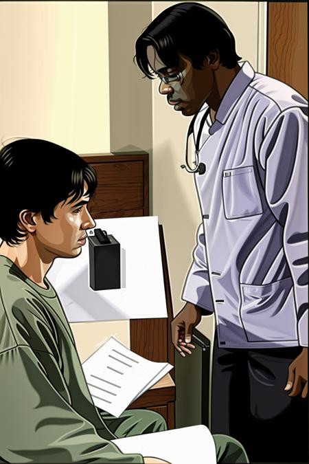 cell shading, drawing, a cartoon of a doctor and a patient , shirt, black hair, sitting, male focus, multiple boys, indoors, dark skin, chair, parody, dark-skinned male, 3boys