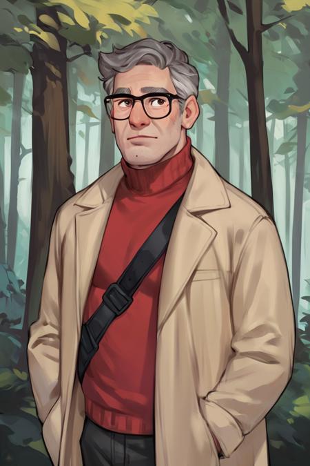 score_9, score_8_up, score_7_up, score_6_up, score_5_up, score_4_up, fordpines, 1boy, solo, male focus, mature male, old man, upper body, short hair, grey hair, brown eyes, thick eyebrows, glasses, black-framed eyewear, facial hair, stubble, sideburns, open clothes, beige coat, red turtleneck sweater, black pants, standing, outdoors, forest <lora:Stanford (Ford) Pines SDXL_LoRA_10r_10e_32i_nr32_a16_Pony Diffusion V6 XL:0.7>