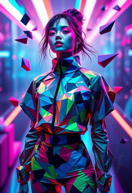surreal, conceptual, female figure, wearing abstract clothing, geometric shapes, vivid colors, futuristic fashion, polygonal patterns, neon lights, avant-garde, artistic composition, high resolution, sharp details, (digital art:1.2), (extra1:2), bold shapes, experimental design, sharp edges, glowing accents, unconventional beauty, floating elements, (hyper-realistic textures:1.4), intricate details, modern art, defying expectations, unique patterns, (blurry:-1.6), (low-resolution:-1.7), (overexposed:-1.4), (dull colors:-1.5), (boring composition:-1.4), (unrefined shapes:-1.6), (flat lighting:-1.5), (generic design:-1.6)