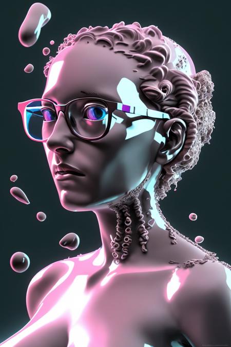 a woman with glasses and a curly hair ,  3d render, c4d ,  transgressive art, pscychodelic, last exile, pushead art, simulacra ,