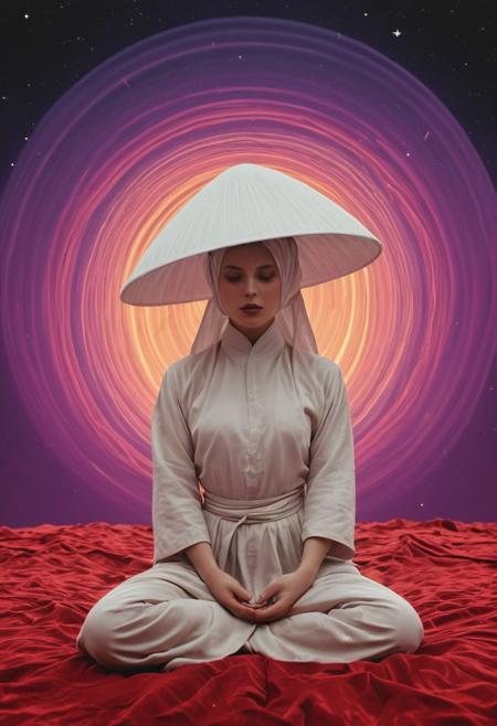 Capturing serenity amidst boundless solitude: a powerful image of a buxom feudal ninja, draped in flowing feudal garb, large sedge-hat, meditating in lotus position upon an endless, sunless expanse. As she hovers, an aura emanates from her, growing in intensity as it extends beyond her Till it explodes in the far, reminiscent of expanding ripples of sound. The neon hues of her aura paint the air, a vivid testament to her inner strength and focus.
creating a hyperpunk scene with desaturated translucent DARK Red and beige details, colorful (polaroid:0.7) with vibrant colors, (vacations, high resolution:1.3), (small, selective focus, european film:1.2), (sexual advance:1.1), closeup As you close into the depths, the pristine white walls of an elongated Exoplanet base glisten in the moonlight. But as it enters into their exploration, Sultry boudoir photography, Portals ringed with colors extending beyond normal perception ultraviolets so deep they hurt to perceive,by Kuang Hong, Milton Glaser, Vector Art, landscape, Movie still, best quality, hair light, Slow Shutter Speed, Kodak UltraMax 400, Depth of field 270mm, digital art, rich colors