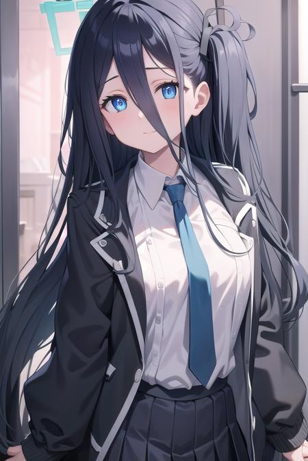 bluearchivearis, <lyco:bluearchivearis-lyco-nochekaiser:1>, 
aris, black hair, blue eyes, hair between eyes, halo, long hair, one side up, hair ribbon, (flat chest:1.2),
BREAK necktie, blue necktie, jacket, skirt, school uniform, white shirt, collared shirt, black skirt, white jacket, long sleeves,
BREAK looking at viewer, 
BREAK indoors, classroom,
BREAK <lyco:GoodHands-beta2:1>, (masterpiece:1.2), best quality, high resolution, unity 8k wallpaper, (illustration:0.8), (beautiful detailed eyes:1.6), extremely detailed face, perfect lighting, extremely detailed CG, (perfect hands, perfect anatomy),