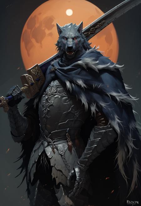 rythblaiddpony, blaidd (Elden Ring), wolf knight, cape, armor, greaves, gauntlets holding sword, sword over shoulder