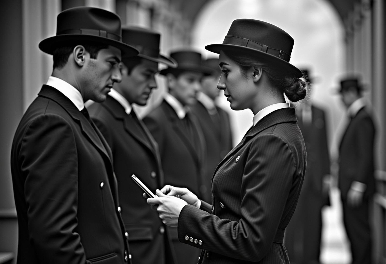 A hyper-realistic, old grainy black-and-white photograph, capturing a scene set in the early 1900s. The environment exudes an authentic old-world vibe, with a group of men dressed in typical 1900s attire, deeply engaged in conversation. Beside them stands a 25-years-old woman in a modern dress, contrasting sharply with the historical setting. She is engrossed in her smartphone, an anachronistic element that stands out starkly against the vintage backdrop. The focus of the image is on the girl, highlighting the surreal juxtaposition of modern technology and fashion in an otherwise historically accurate 1900s scene. detailmaximizer