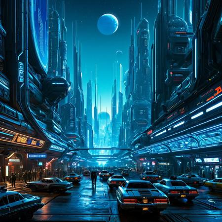 score_9, score_8_up, score_7_up, Sci-fi metropolis, busy streets, alien world, multiple moons, concept art, retro-futuristic, cyberpunk, detailed, masterpiece