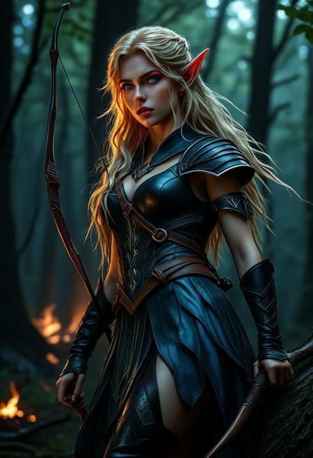 High resolution of ultra-realistic Beautiful Elven Archer girl, ultra-realistic body, perfect athletic body, Attractive Elf girl, artgem, WLOP, sitting on a stump in a dark forest, beautiful Sadie Sink as Elf Archer girl, night of the full moon, realistic elven leather armour, defiant and seductive, covered in dirty and blood, cinematic colors Lighting, extremely detailed, 8K, wavy blonde hair, realistic dirty pale face, realistic blue eyes, beautiful Elf girl on in dark fantasy cool outfit, hyper-detailed, hyper-realistic, Attractive 21 old years Elf woman, Attractive, beautiful firm Breasts, wet and sweaty skin, Dark fantasy style, Dark fantasy atmosphere, sharp focus, digital painting, Photograph Taken on Nikon D750, Alphonse Mucha, 8K, athletic figure, Hyperdetailed, hyperrealism, attractive woman, beautiful woman of athletic body, Attractive bust girl, asymmetric balance