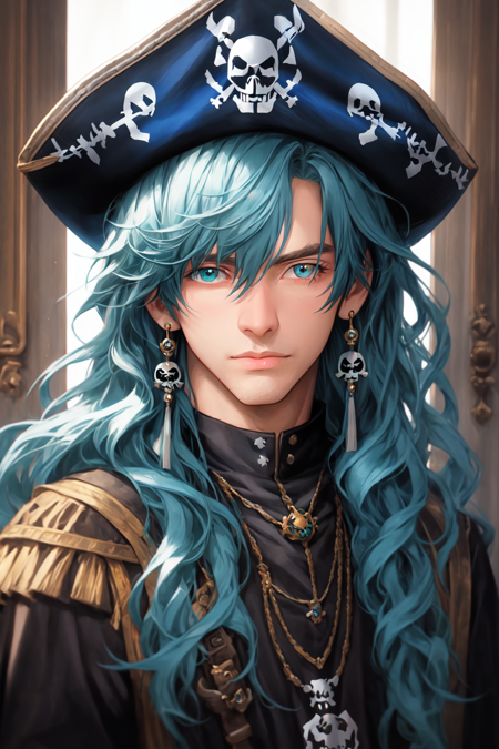 Niji Style,
a man with blue hair on the mantel, pirate hat, wild curly hair, kawaii, pastel in the style of realistic fantasy, simplified and stylized portraits, oshare kei, rococo, blink-and-you-miss-it detail, realistic, piratepunk, <lora:NijiStyle_Dusk-05:1>