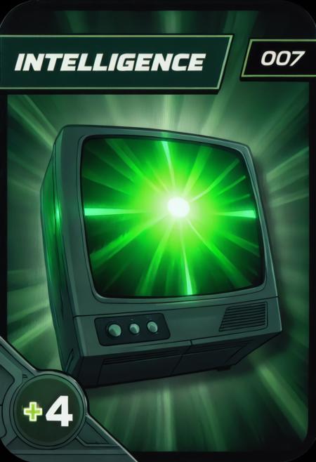 (best quality, masterpiece, absurdres, highres, ultra_detailed, dynamic angle:1.2), vpowerupcard, intelligence4, a strange green glowing (television:1.4) capable of controlling minds, no human, index007, futuristic, sci-fi, (intricate details, hyperdetailed:1.15), (ultrahigh resolution textures), bokeh, (volumetric, cinematic) lighting, depth of field, <lora:marvel_promo_cards_2023_locon_xl_vpowerup_v1:0.8>