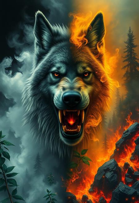 Highly detailed, left hand side white smoke and fog/right hand side lava fire and ashes highly cinematic, close-up image of a goddess wolf over the fractal fog world, perfect composition, dark colours, green leaves, forest, lots of details, flowers, metallic ink, beautifully lit, fire and smoke, a fine art painting by drew struzan and karol bak, gothic art, dark and mysterious, in the playful scribble drawing style. triadic complementary colors, dark and moody surreal nightmare of an eerie laugh, a mouth distorted, wide grin, and full of sharp nails, in the realm of the damned dreaded souls, teal and orange color grading, yellow abstract geometric gradients stain the orangish background