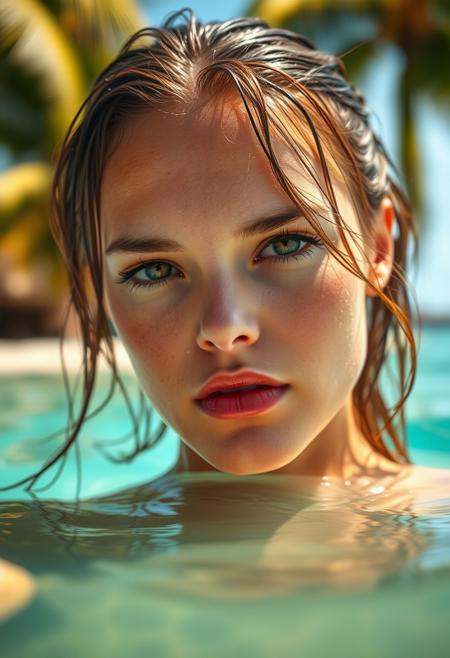 ultra-realistic image of a beautiful woman with wet hair in a tropical setting, partially submerged in clear, turquoise water. Her face is up close, with droplets of water on her skin, reflecting the sunlight. The background features soft-focus palm trees and bright, natural lighting. The mood is serene and captivating, emphasizing her expressive eyes and the fine details of her skin and hair. The image should have a cinematic quality, with warm tones and a summer vibe, capturing the essence of relaxation in an exotic beach environment