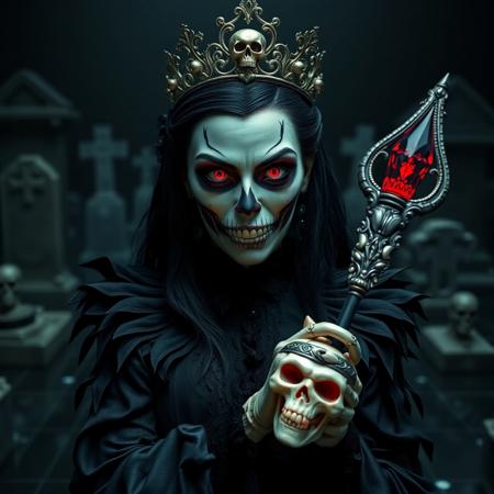 1girl, mysterious, hyper-realistic, despotically evil vampire queen, detailed argular scary face, goth sugar skull make up, jet black hair, black malachite crystal victorian dress with sharp jagged textures, Black Soul Gem Eyes, skull tiara with ebony accents, vampire fangs, glowing bioluminescent accents, holding scepter carved from bone with a red crystal skull on th end, haunting cemetery background, black glass floor, dim lighting, matte color tones, flat color style, horror fantasy, intricate details, cinematic shading, reij-blckprlglss, aidmaImageUpgrader