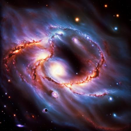 detailed realistic photo of a black hole pulling in a galaxy, nebula, light beams, warped space, vibrant, masterpiece