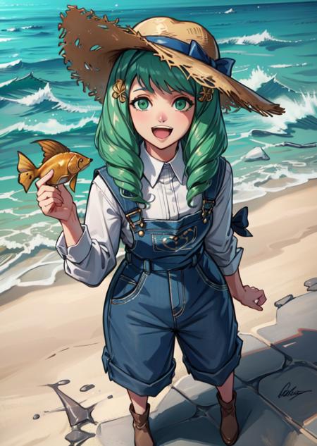 masterpiece, best quality, flayn, short girl, hair ornaments, bucket hat, overalls, standing, holding a fish in her palms, smile, open mouth, from above <lora:flayn-nvwls-v1-000012:0.9>