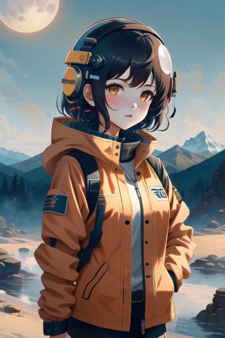 goofy popped color, 1girl, solo, freckles, helmet, short hair, black hair, orange jacket, looking at viewer, upper body, jacket, orange eyes, mountain, star sky, lips, shirt, bangs, moon, blush <lora:goofy popped color-000002:0.6>