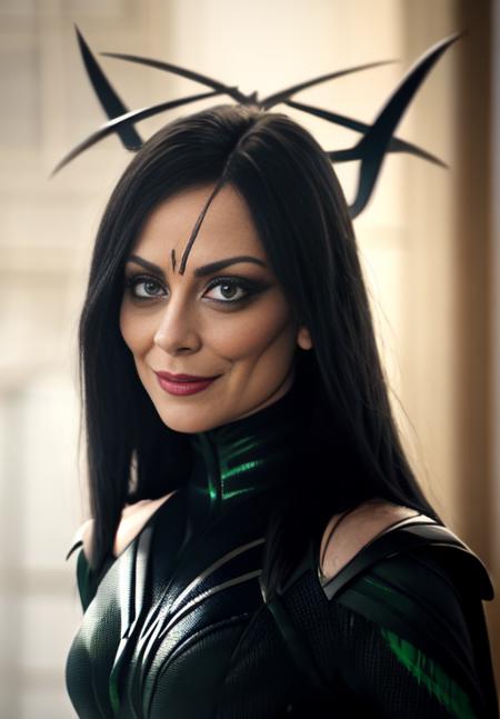 <lora:Hela:0.8>, Hela, 1girl, solo, evil smirk, upper body, close up