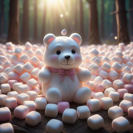 detailed background, (score_9, score_8_up, score_7_up), zoroj, masterpiece, best quality, high quality, ultra detailed, highly detailed, high detail, artistic lighting, depth of field, perfect soft lighting, best shadows, perfect reflections, volumetric, detailed image, high resolution, sharp definition, bear made of marshmallow, a field of marshmallows,