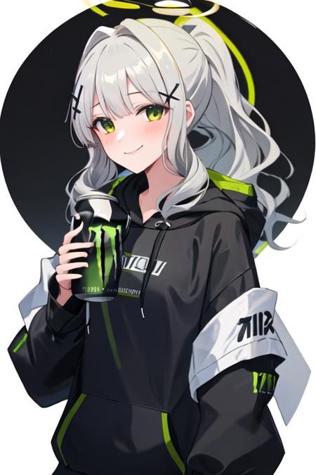 best quality, masterpiece, highres, solo, {hare_bluearchive:1.15}, hair_ornament, bangs, green_eyes, halo, blush, long_hair, grey_hair, ponytail, hoodie, white_hair, 1girl, can, holding, holding_can, hood, looking_at_viewer, hood_down, cross_hair_ornament, long_sleeves, energy_drink, simple_background, black_hoodie, monster_energy, smile, upper_body, white_background, x_hair_ornament